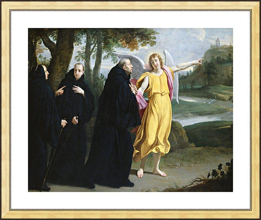 Wall Frame Gold, Matted - St. Benedict of Nursia - Angel Pointing to Monastery of Mont Cassino by Museum Art - Trinity Stores