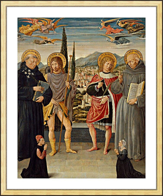 Wall Frame Gold, Matted - Sts. Nicholas of Tolentino, Roch, Sebastian, Bernardino of Siena, with Kneeling Donors by Museum Art - Trinity Stores