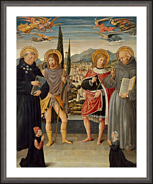 Wall Frame Espresso, Matted - Sts. Nicholas of Tolentino, Roch, Sebastian, Bernardino of Siena, with Kneeling Donors by Museum Art