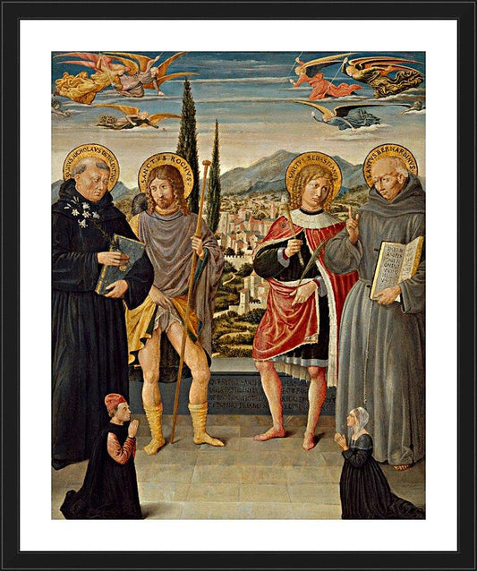 Wall Frame Black, Matted - Sts. Nicholas of Tolentino, Roch, Sebastian, Bernardino of Siena, with Kneeling Donors by Museum Art