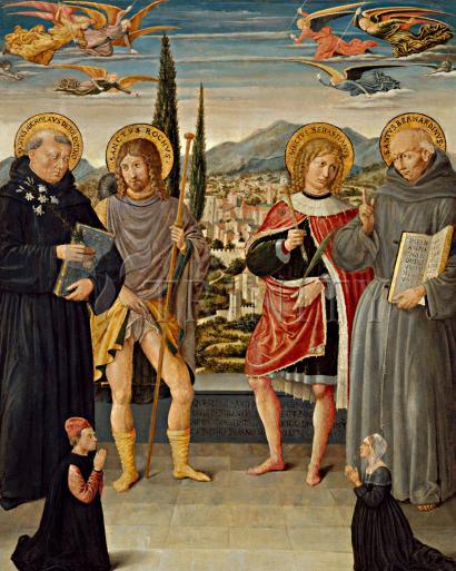 Metal Print - Sts. Nicholas of Tolentino, Roch, Sebastian, Bernardino of Siena, with Kneeling Donors by Museum Art - Trinity Stores