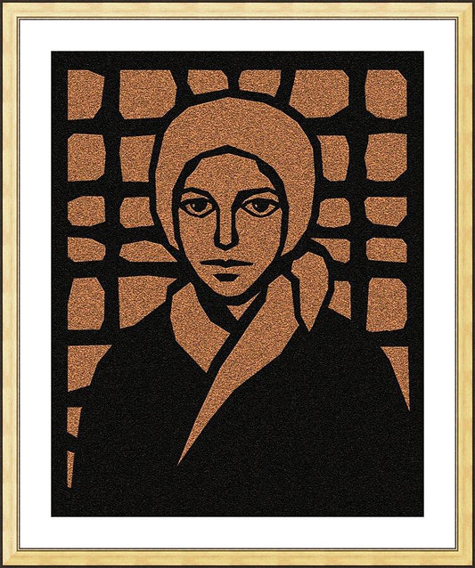 Wall Frame Gold, Matted - St. Bernadette of Lourdes - Brown Glass by D. Paulos