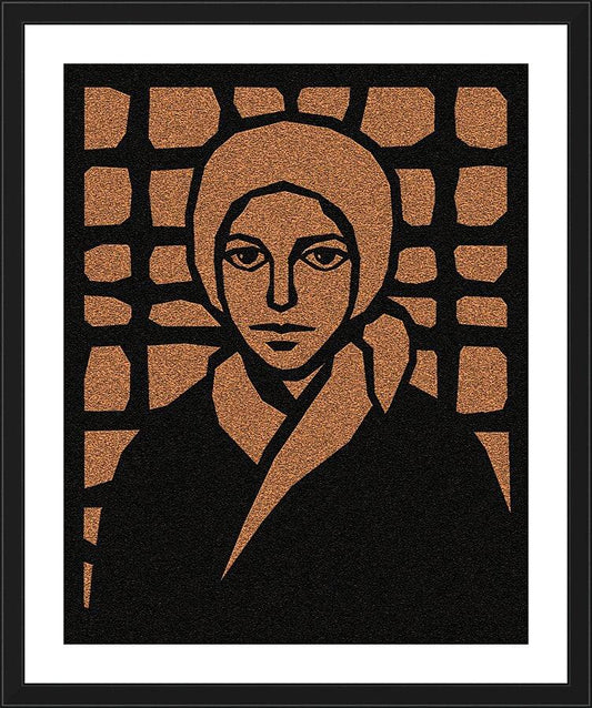 Wall Frame Black, Matted - St. Bernadette of Lourdes - Brown Glass by Dan Paulos - Trinity Stores