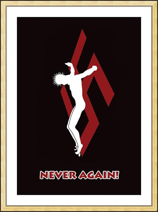 Wall Frame Gold, Matted - Crucifix - Never Again by Dan Paulos - Trinity Stores