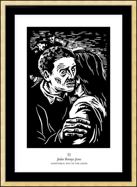Wall Frame Gold, Matted - Scriptural Stations of the Cross 02 - Judas Betrays Jesus by Julie Lonneman - Trinity Stores