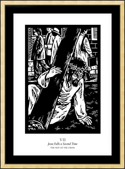 Wall Frame Gold, Matted - Traditional Stations of the Cross 07 - Jesus Falls a Second Time by Julie Lonneman - Trinity Stores