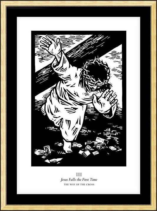 Wall Frame Gold, Matted - Traditional Stations of the Cross 03 - Jesus Falls the First Time by Julie Lonneman - Trinity Stores