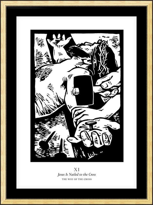 Wall Frame Gold, Matted - Traditional Stations of the Cross 11 - Jesus is Nailed to the Cross by Julie Lonneman - Trinity Stores
