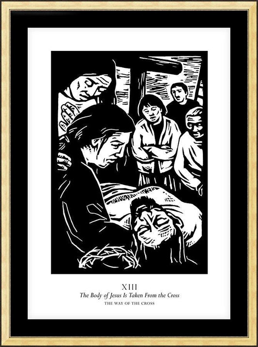 Wall Frame Gold, Matted - Traditional Stations of the Cross 13 - The Body of Jesus is Taken From the Cross by Julie Lonneman - Trinity Stores
