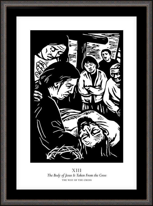 Wall Frame Espresso, Matted - Traditional Stations of the Cross 13 - The Body of Jesus is Taken From the Cross by Julie Lonneman - Trinity Stores
