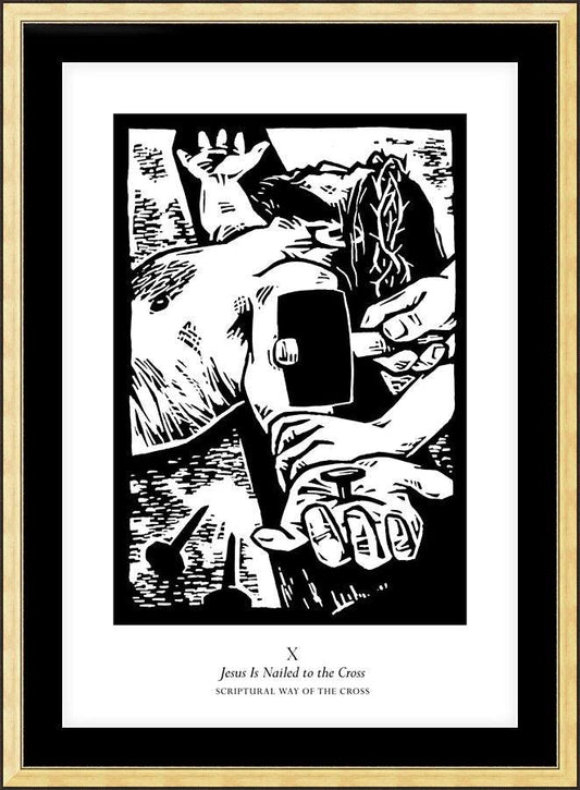 Wall Frame Gold, Matted - Scriptural Stations of the Cross 10 - Jesus is Nailed to the Cross by Julie Lonneman - Trinity Stores