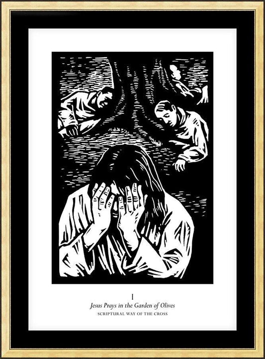 Wall Frame Gold, Matted - Scriptural Stations of the Cross 01 - Jesus Prays in the Garden of Olives by Julie Lonneman - Trinity Stores