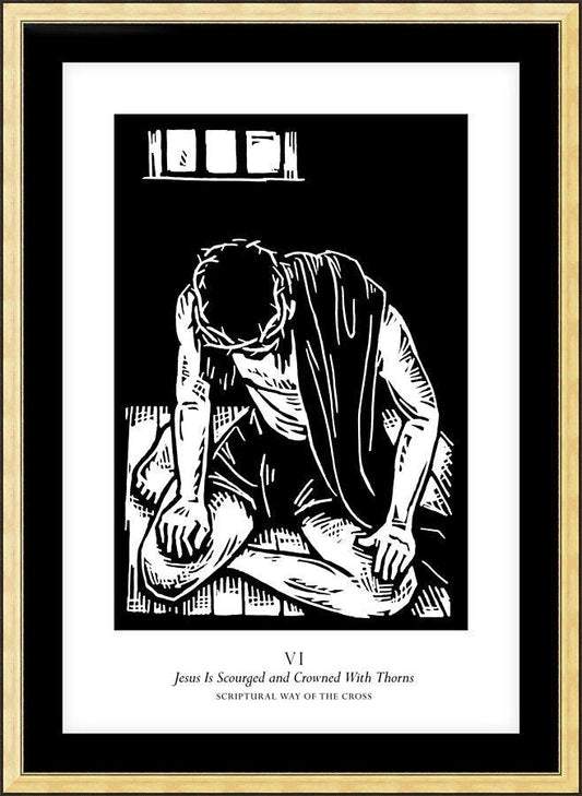 Wall Frame Gold, Matted - Scriptural Stations of the Cross 06 - Jesus is Scourged and Crowned With Thorns by Julie Lonneman - Trinity Stores