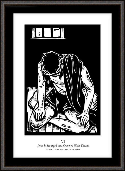 Wall Frame Espresso, Matted - Scriptural Stations of the Cross 06 - Jesus is Scourged and Crowned With Thorns by Julie Lonneman - Trinity Stores