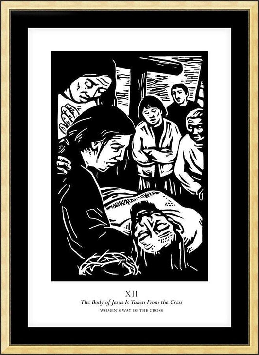 Wall Frame Gold, Matted - Women's Stations of the Cross 12 - The Body of Jesus is Taken From the Cross by Julie Lonneman - Trinity Stores