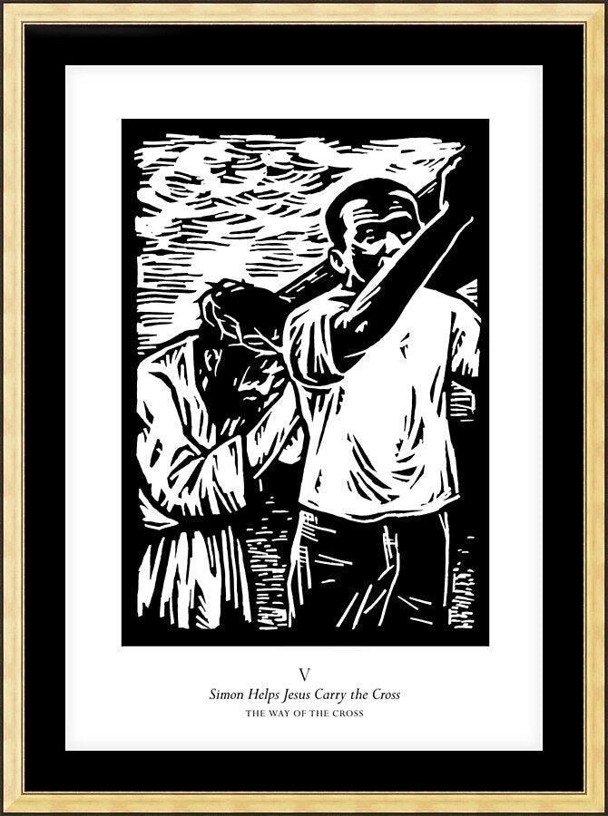 Wall Frame Gold, Matted - Traditional Stations of the Cross 05 - Simon Helps Carry the Cross by Julie Lonneman - Trinity Stores