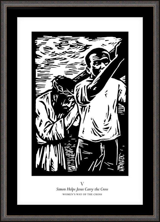 Wall Frame Espresso, Matted - Women's Stations of the Cross 05 - Simon Helps Jesus Carry the Cross by Julie Lonneman - Trinity Stores