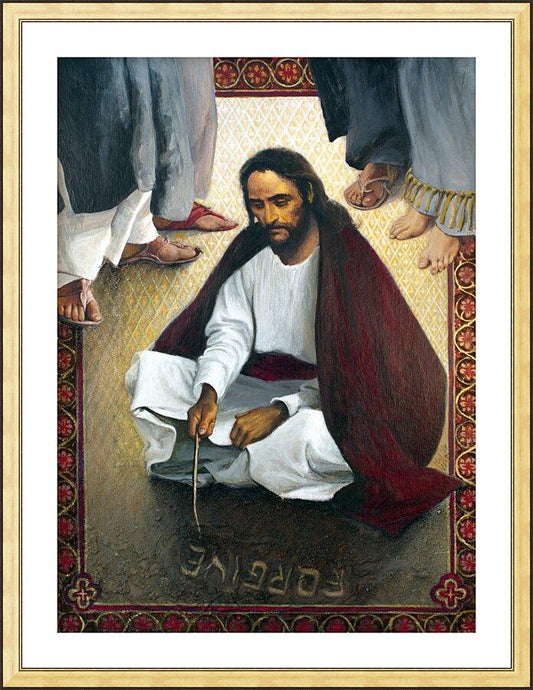 Wall Frame Gold, Matted - Jesus Writing In The Sand by Louis Glanzman - Trinity Stores