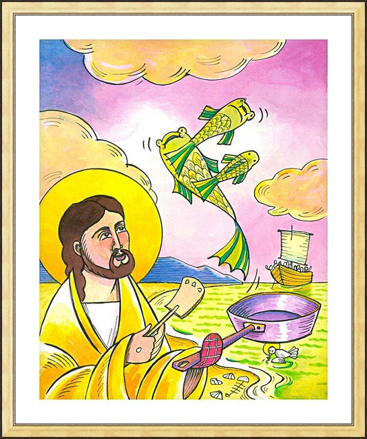 Wall Frame Gold, Matted - Jesus: Fish Fry With Friends by Br. Mickey McGrath, OSFS - Trinity Stores