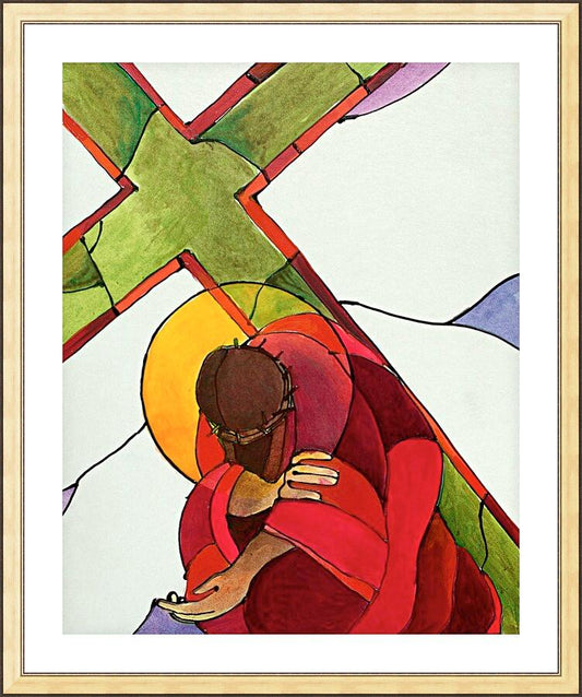 Wall Frame Gold, Matted - Stations of the Cross - 9 Jesus Falls a Third Time by Br. Mickey McGrath, OSFS - Trinity Stores
