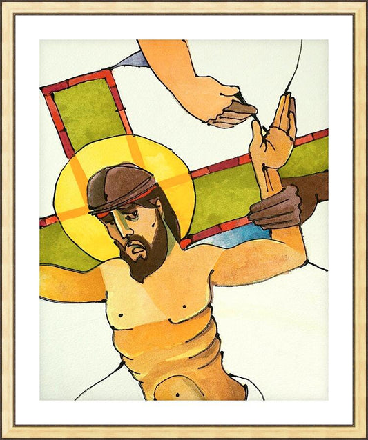 Wall Frame Gold, Matted - Stations of the Cross - 11 Jesus is Nailed to the Cross by Br. Mickey McGrath, OSFS - Trinity Stores
