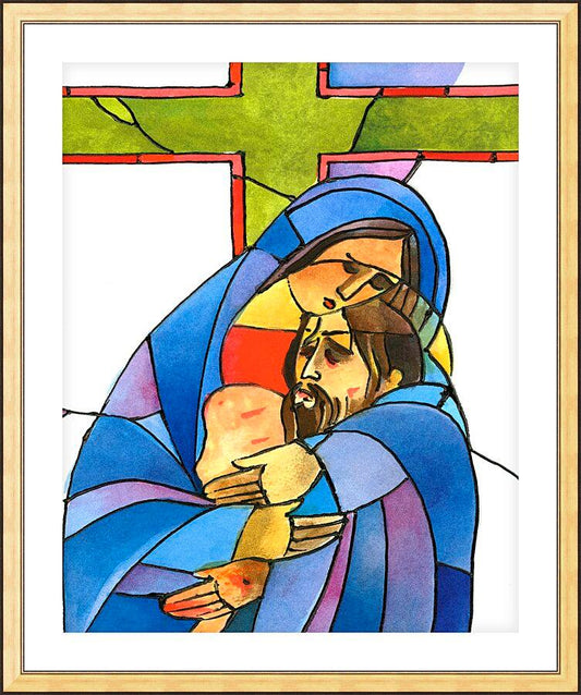 Wall Frame Gold, Matted - Stations of the Cross - 13 Body of Jesus is Taken From the Cross by Br. Mickey McGrath, OSFS - Trinity Stores