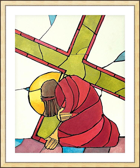 Wall Frame Gold, Matted - Stations of the Cross - 7 Jesus Falls a Second Time by Br. Mickey McGrath, OSFS - Trinity Stores