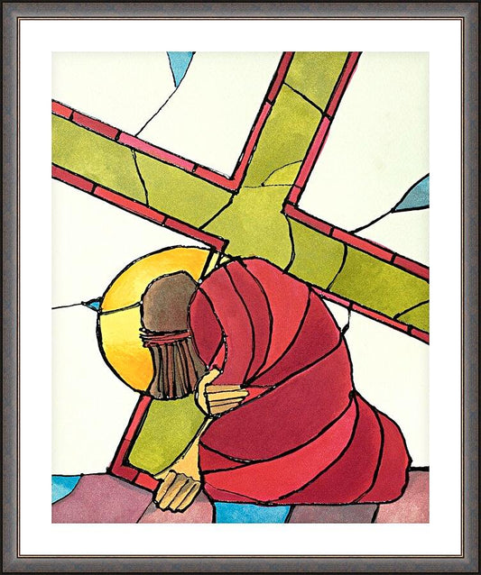 Wall Frame Espresso, Matted - Stations of the Cross - 7 Jesus Falls a Second Time by Br. Mickey McGrath, OSFS - Trinity Stores