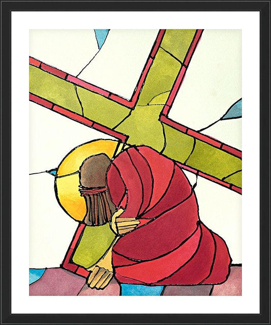 Wall Frame Black, Matted - Stations of the Cross - 7 Jesus Falls a Second Time by Br. Mickey McGrath, OSFS - Trinity Stores