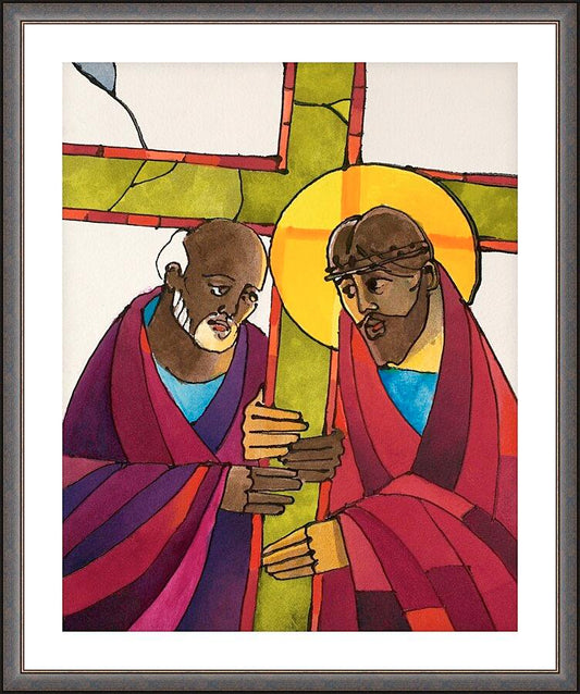 Wall Frame Espresso, Matted - Stations of the Cross - 05 Simon Helps Jesus Carry the Cross by Br. Mickey McGrath, OSFS - Trinity Stores