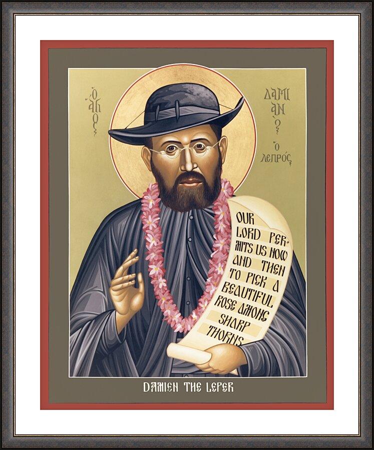 Wall Frame Espresso, Matted - St. Damien the Leper by Br. Robert Lentz, OFM - Trinity Stores