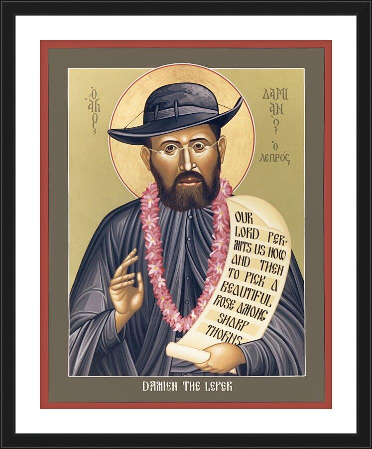 Wall Frame Black, Matted - St. Damien the Leper by Br. Robert Lentz, OFM - Trinity Stores