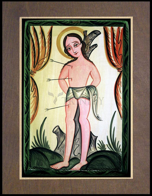 St. Sebastian - Wood Plaque Premium by Br. Arturo Olivas, OFS - Trinity Stores