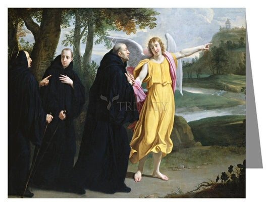 St. Benedict of Nursia - Angel Pointing to Monastery of Mont Cassino - Note Card Custom Text by Museum Classics - Trinity Stores