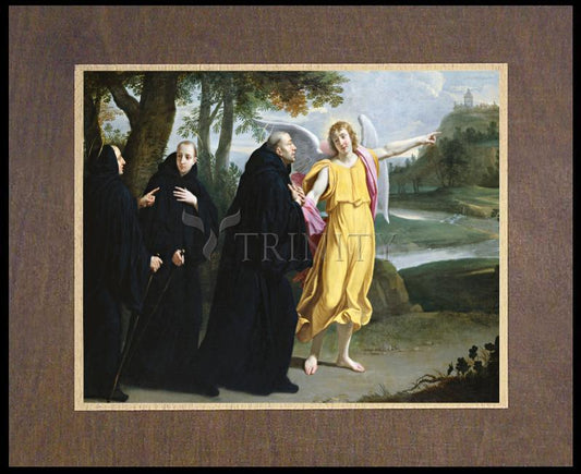 St. Benedict of Nursia - Angel Pointing to Monastery of Mont Cassino - Wood Plaque Premium by Museum Classics - Trinity Stores