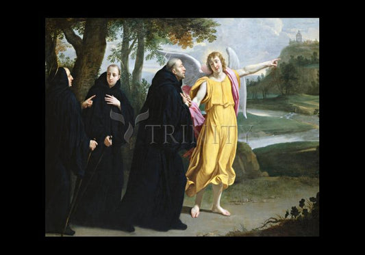 St. Benedict of Nursia - Angel Pointing to Monastery of Mont Cassino - Holy Card by Museum Classics - Trinity Stores