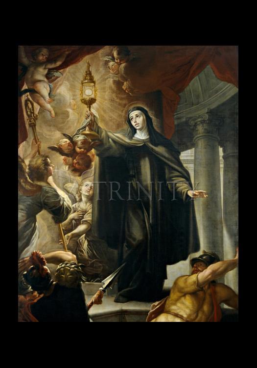 St. Clare of Assisi Driving Away Infidels with Eucharist - Holy Card by Museum Classics - Trinity Stores