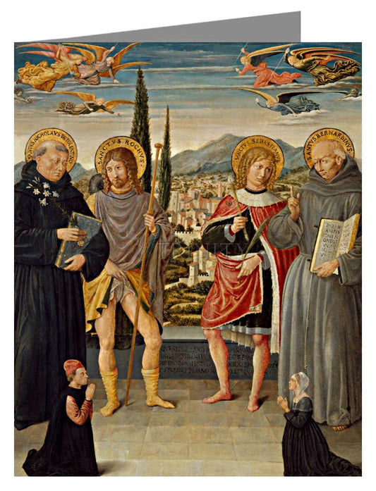 Sts. Nicholas of Tolentino, Roch, Sebastian, Bernardino of Siena, with Kneeling Donors - Note Card by Museum Classics - Trinity Stores