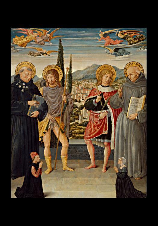 Sts. Nicholas of Tolentino, Roch, Sebastian, Bernardino of Siena, with Kneeling Donors - Holy Card by Museum Classics - Trinity Stores