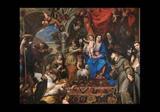 Mary and Child Between Theological Virtues and Saints - Holy Card by Museum Classics - Trinity Stores