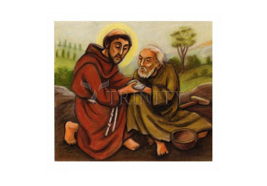 St. Francis and Lepers - Holy Card by Julie Lonneman - Trinity Stores