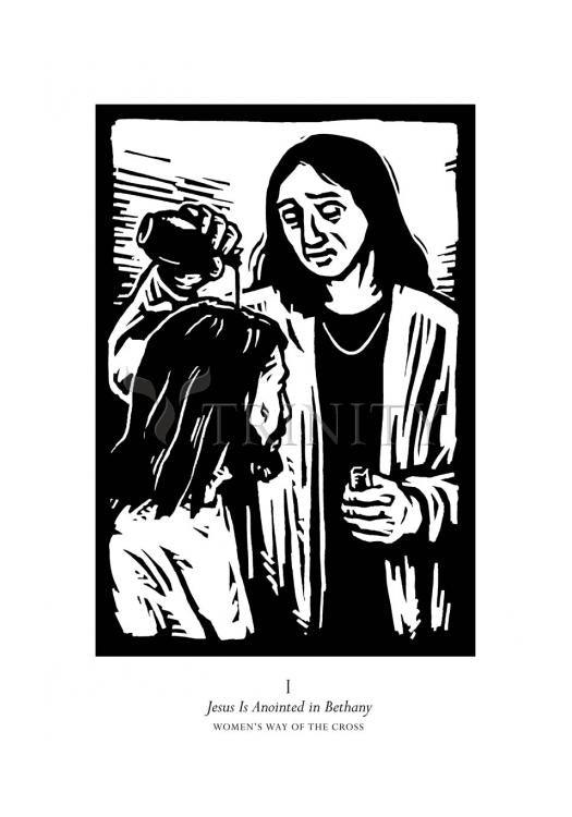 Women's Stations of the Cross 01 - Jesus is Anointed in Bethany - Holy Card by Julie Lonneman - Trinity Stores