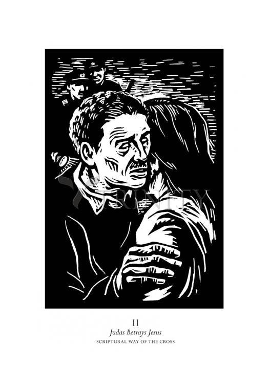 Scriptural Stations of the Cross 02 - Judas Betrays Jesus - Holy Card by Julie Lonneman - Trinity Stores