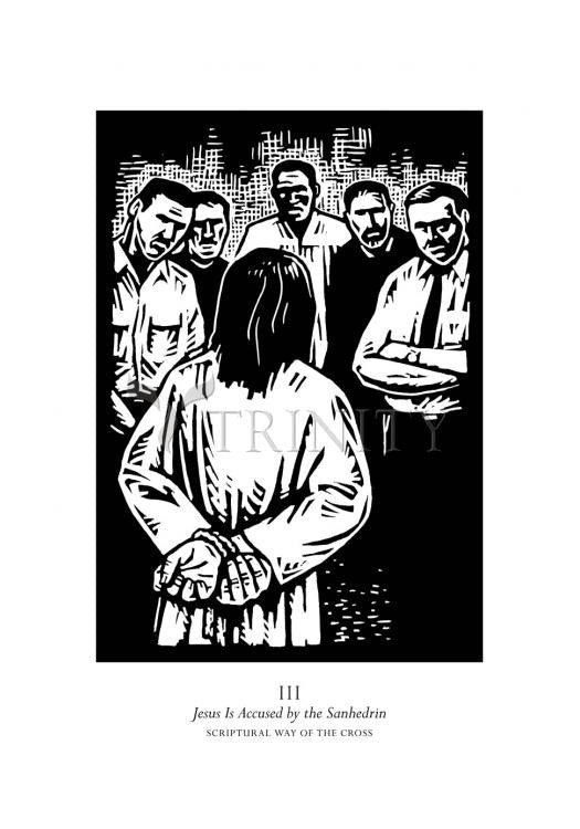 Scriptural Stations of the Cross 03 - Jesus is Accused by the Sanhedrin - Holy Card by Julie Lonneman - Trinity Stores