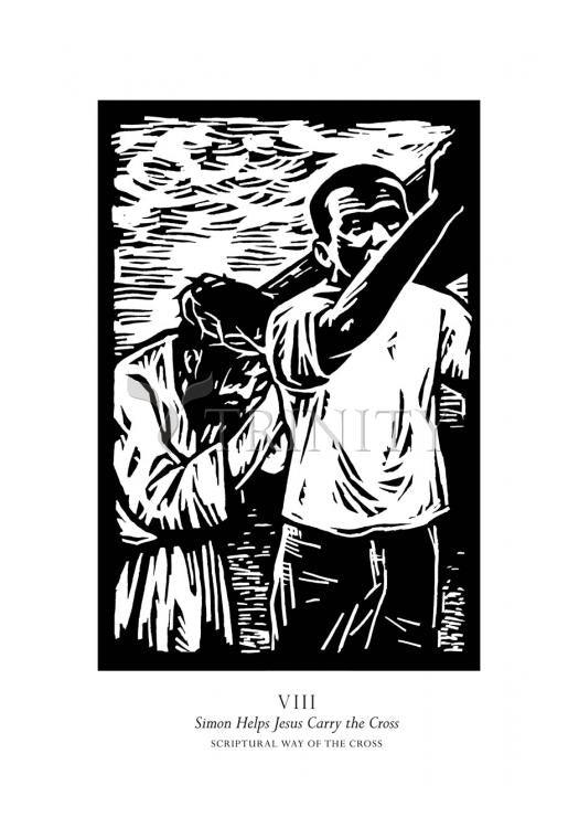 Scriptural Stations of the Cross 08 - Simon Helps Jesus Carry the Cross - Holy Card by Julie Lonneman - Trinity Stores