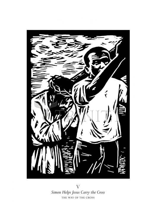Traditional Stations of the Cross 05 - Simon Helps Carry the Cross - Holy Card by Julie Lonneman - Trinity Stores