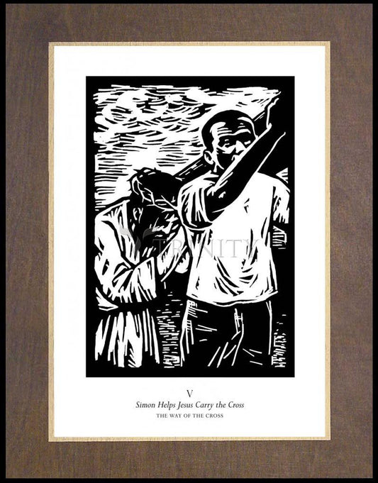 Traditional Stations of the Cross 05 - Simon Helps Carry the Cross - Wood Plaque Premium by Julie Lonneman - Trinity Stores