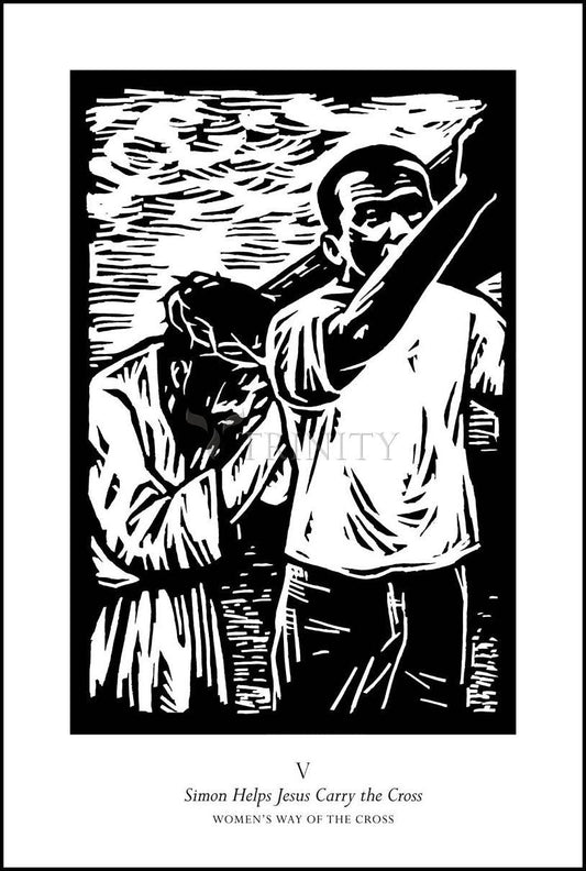 Women's Stations of the Cross 05 - Simon Helps Jesus Carry the Cross - Wood Plaque by Julie Lonneman - Trinity Stores