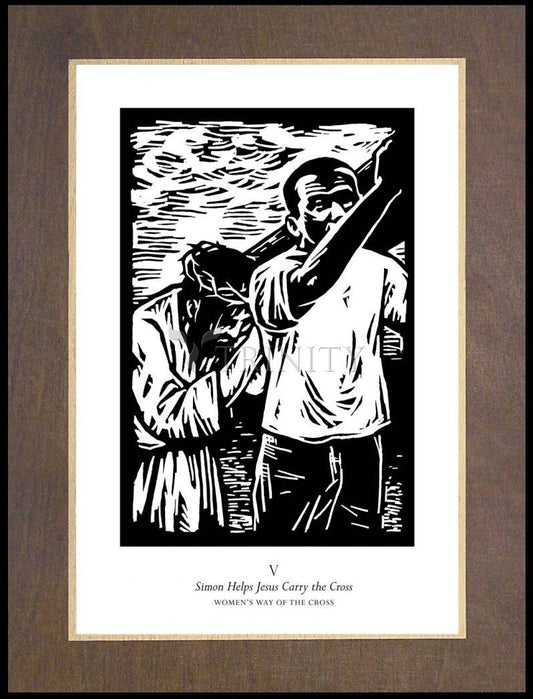Women's Stations of the Cross 05 - Simon Helps Jesus Carry the Cross - Wood Plaque Premium by Julie Lonneman - Trinity Stores