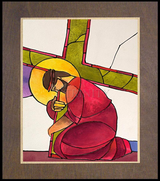 Stations of the Cross - 3 Jesus Falls the First Time - Wood Plaque Premium by Br. Mickey McGrath, OSFS - Trinity Stores